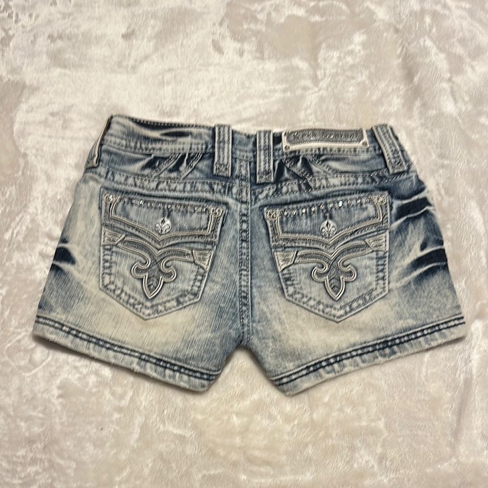 Rock Revival Distressed Blue Jean Shorts with Decorative Stitching Size 26 EUC